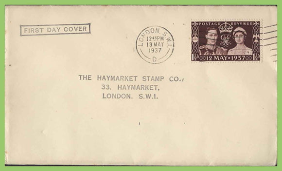 G.B. 1937 KGVI Coronation issue First Day Cover, London SW1
