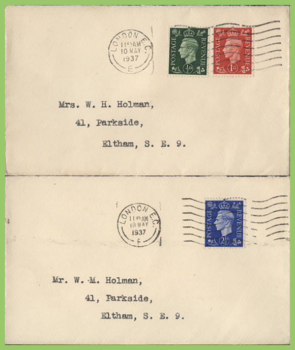 G.B. 1937 KGVI 3 definitives on two plain First Day Covers, London EC