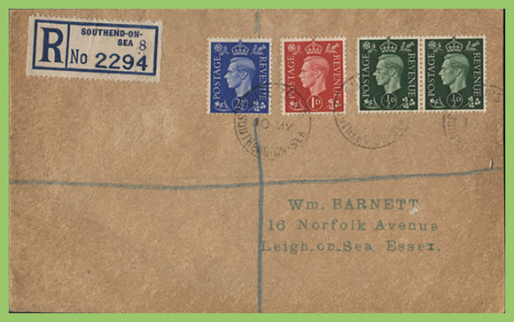 G.B. 1937 KGVI ½d,1d & 2½d definitives on plain First Day Cover, Southend on Sea