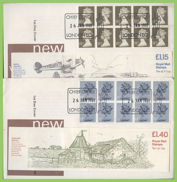 G.B. 1981 £1.15 & £1.40 booklet panes on two Post Office First Day Covers, London Chief Office