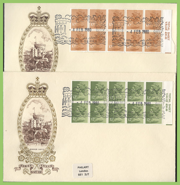 G.B. 1980 £1.20 & £1.00 booklet panes on two Philart First Day Covers, Windsor