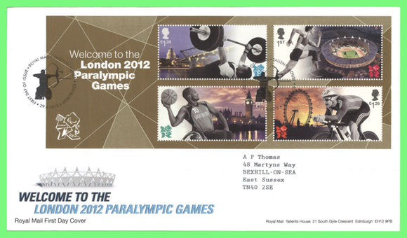 G.B. 2012 Paralympics Welcome M/S Royal Mail First Day Cover, Tallents House