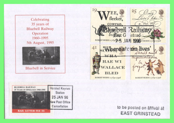 G.B. 1996 Robert Burns set on Bluebell Railway Letter Fee First Day Cover