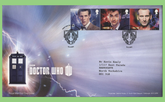 G.B. 2013 Dr Who, three stamps on Royal Mail First Day Cover, Cardiff