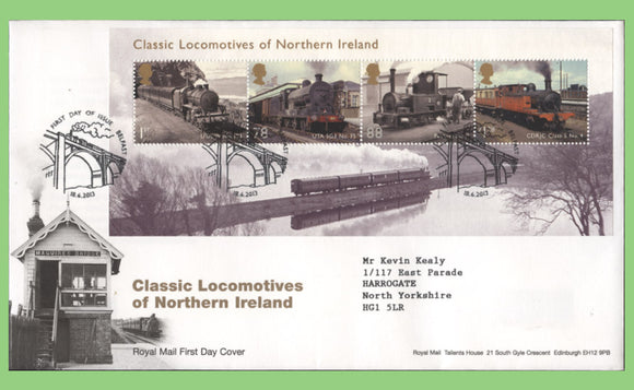G.B. 2013 Classic Locomotives of Northern Ireland m/s on Royal Mail First Day Cover, Belfast
