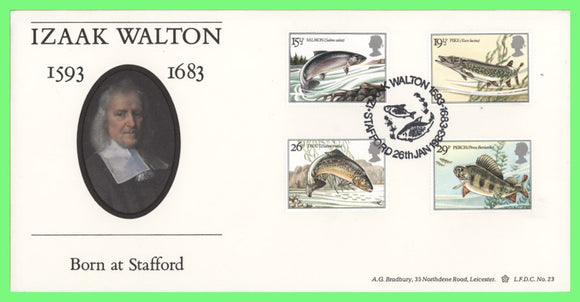 G.B. 1983 River Fish set on official Bradbury First Day Cover, Izaak Walton, Stafford