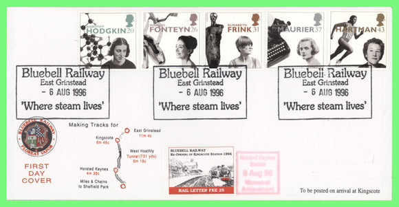 G.B. 1996 Women of Achievement set on Bluebell Railway Letter Fee First Day Cover