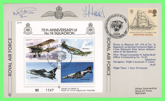 G.B. 1992 RAF 75th Anniversary of No 74 Squadron Flown & Signed Cover, JFS15