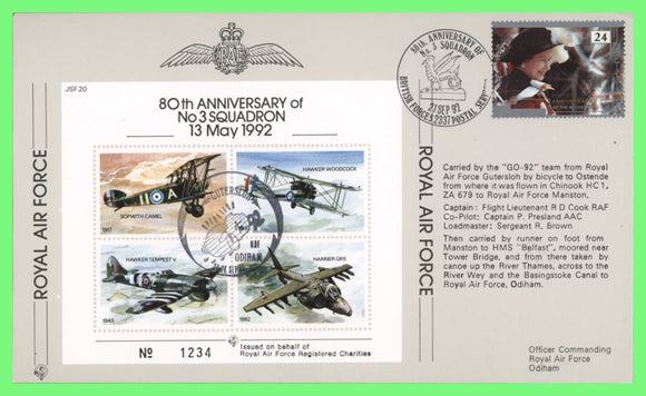 G.B. 1992 RAF 80th Anniversary of No 3 Squadron Flown Cover, JFS20