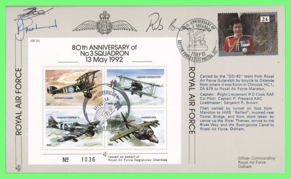 G.B. 1992 RAF 80th Anniversary of No 3 Squadron Flown & Signed Cover, JFS20