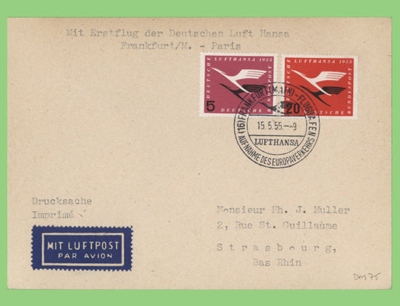 Germany 1955 Lufthansa Flight cover, Frankfurt - Paris