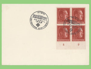 Germany 1938 12 +38pf Hitler plate block on cover, Vienna Birthday cancel