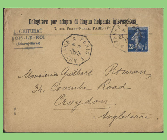 France 1911 25c on Esperanto cover with Auxerre a Paris ambulant cancel