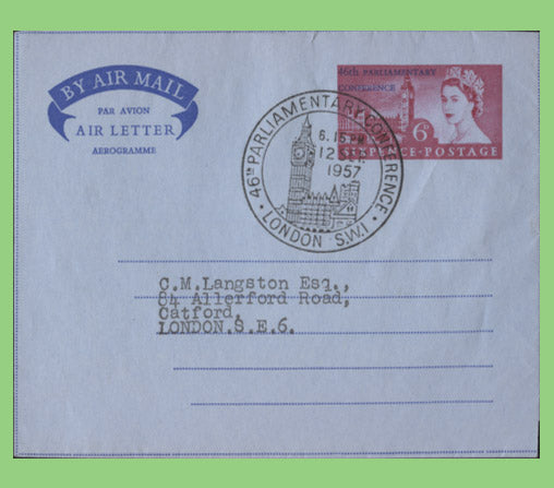 G.B. 1957 QEII Parliamentary Conference Air Letter with Special FDI cancel