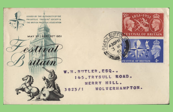 G.B. 1951 Festival of Britain set on First Day Cover, Ipswich