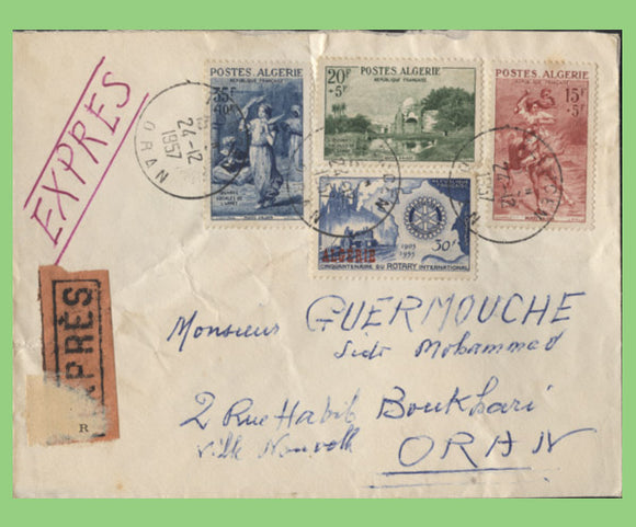 Algeria 1957 Army Welfare4 set & Rotary stamp on Express cover, Local use