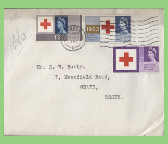G.B. 1963 Red Cross set on plain First Day Cover, London Wavy line