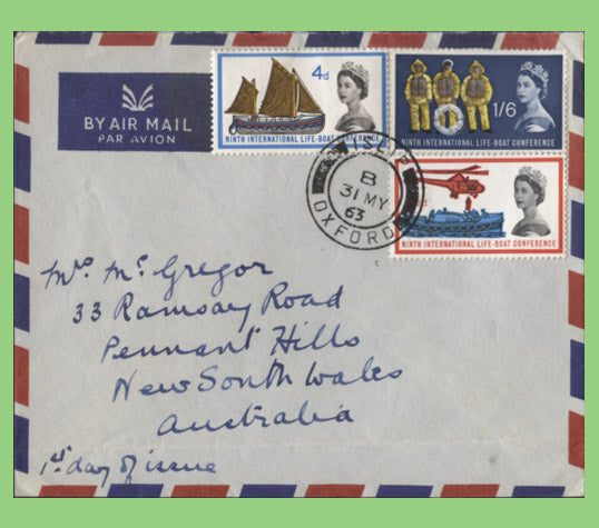 G.B. 1963 International Lifeboat set on airmail First Day Cover, Oxford