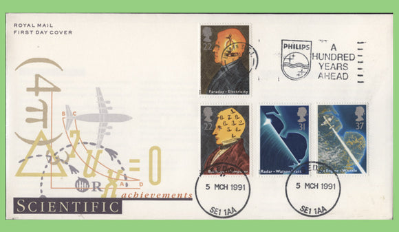 G.B. 1991 Scientific Achievements set on Royal Mail First Day Cover, Phillips slogan