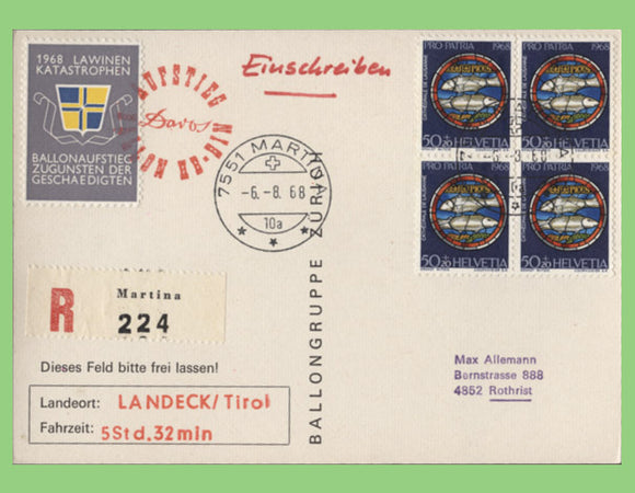Switzerland 1968 50+20 block on Balloon Flight card with tied Label