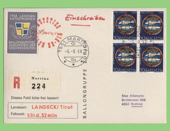 Switzerland 1968 30+10 block on Balloon Flight card with tied Label
