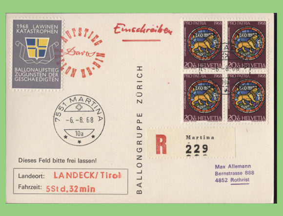 Switzerland 1968 20+10 block on Balloon Flight card with tied Label