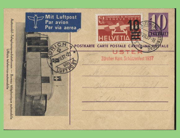 Switzerland 1937 uprated 10r Post Bureau card with 10r Airmail overprint