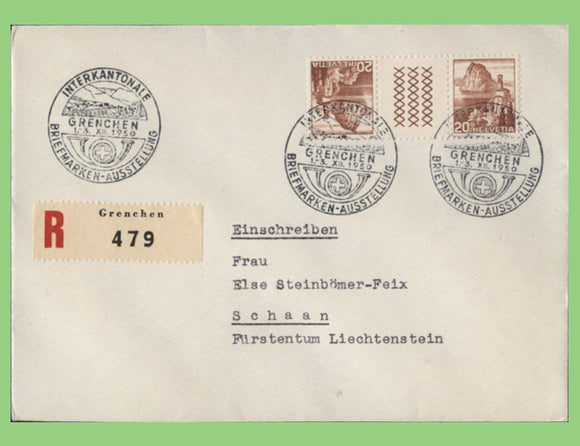 Switzerland 1950 20r Tete Beche piar on Registered Grenchen registered Cover, Exhibition cancel