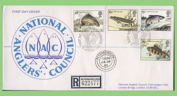 G.B. 1983 River Fish set on official NAC First Day Cover, Peterborough cds