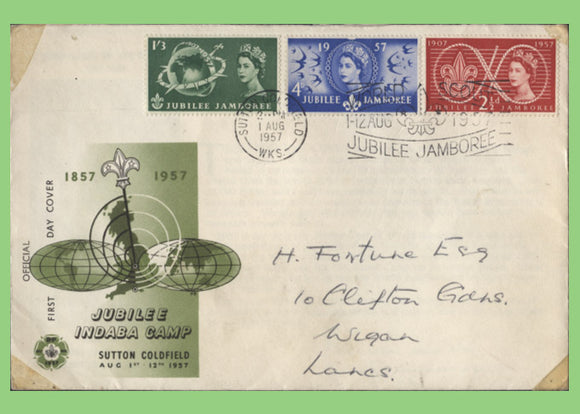 G.B. 1957 Scout Jubilee Jamboree set First Day Cover, Sutton Coldfields slogan