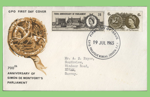 G.B. 1965 Parliament set on GPO First Day Cover, Bureau