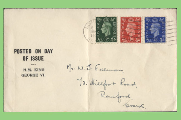 G.B. 1938 KGVI ½d, 1d & 2½d on printed First Day Cover, Romford
