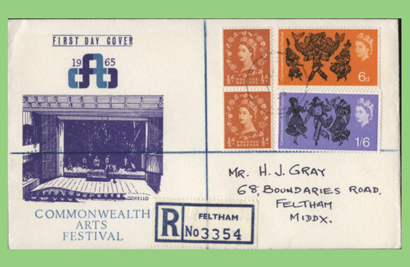G.B. 1965 Commonwealth Arts Festival ordinary set reg. First Day Cover, Feltham