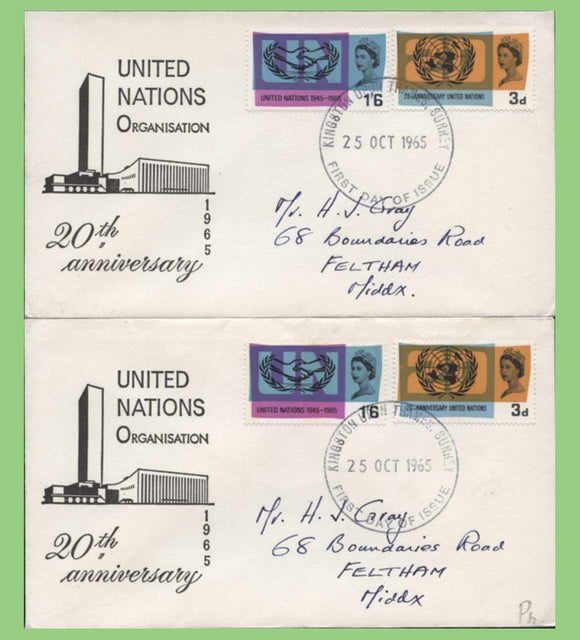 G.B. 1965 U.N. & I.C.Y. Ordinary & phosphor sets on matching First Day Covers, Kingston Upon Thames