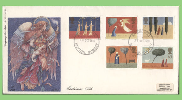 G.B. 1996 Christmas set on 4d Post First Day Cover, Angel Hill, Sutton