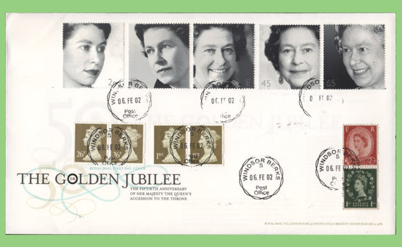 G.B. 2002 The Golden Jubilee set + 1st class & bkl stamps on u/a Royal Mail First Day Cover, Windsor cds