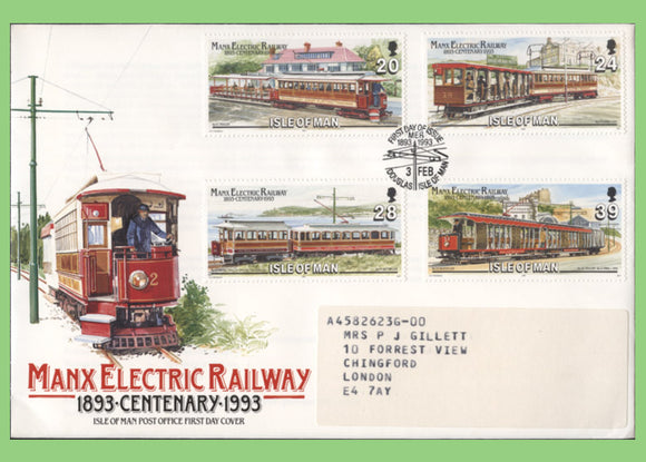 Isle of Man 1993 Manx Electric Railway set First Day Cover, with Address label