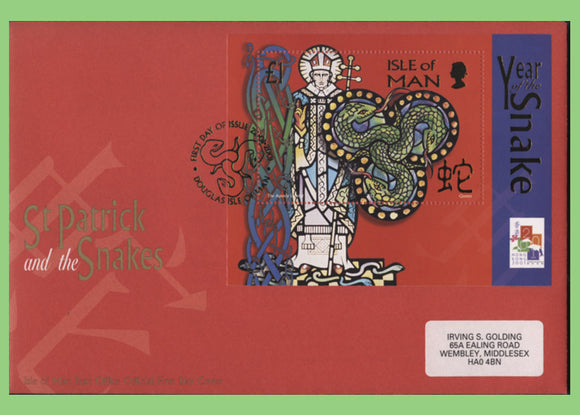 Isle of Man 2001 St Patrick and the Snakes mini sheet First Day Cover