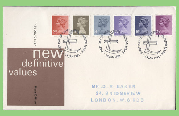 G.B. 1981 six definitives on u/a Post Office First Day Cover, Windsor (R.S. Address)