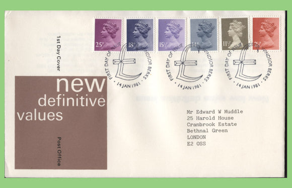 G.B. 1981 six definitives on Post Office First Day Cover, Windsor