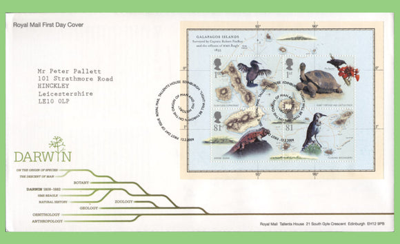 G.B. 2009 Charles Darwin miniature sheet on Royal Mail First Day Cover, Tallents House