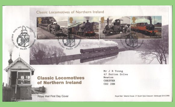 G.B. 2013 Classic Locomotives of Northern Ireland m/s on Royal Mail First Day Cover, Tallents House