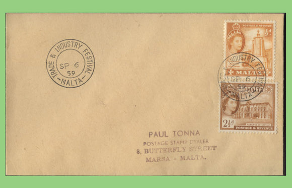 Malta 1959 QEII ½d & 2½d on cover with 'Trade & Industry Festival' special cancel