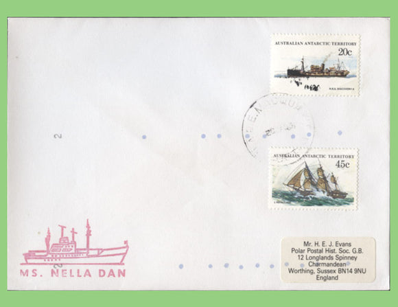 Australian Antarctic 1983 20c & 45c ships on cover to England, M.S. Nella Dan cachet
