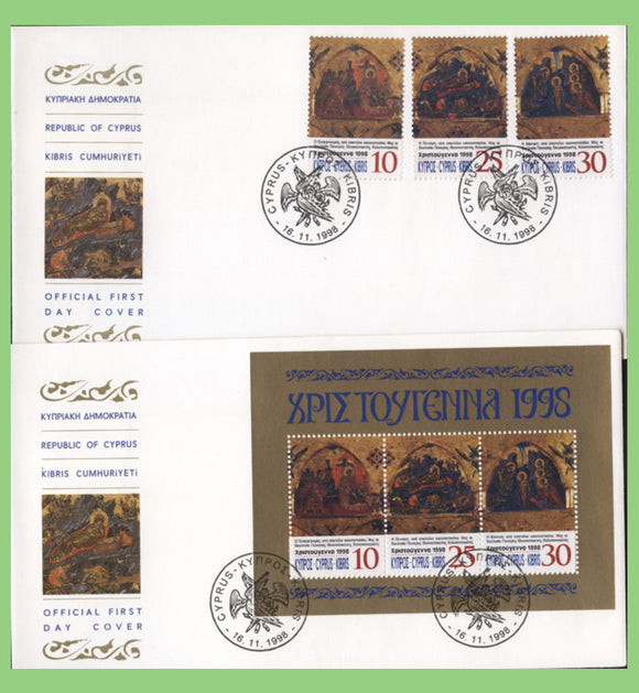 Cyprus 1998 Christmas set and min sheet on two First Day Covers