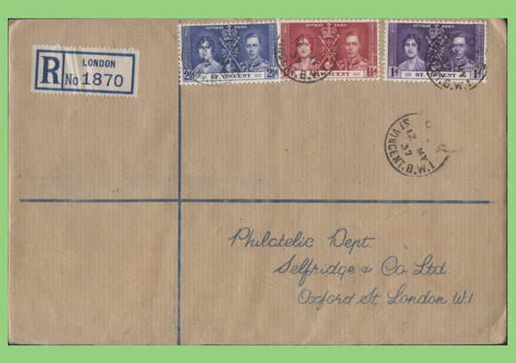 St Vincent 1937 KGVI Coronation set on First Day Cover