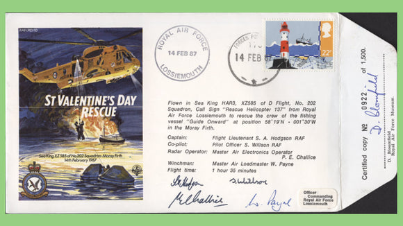 G.B. 1987 RAF St Valentines Day Rescue, Flown & Signed cover, RAF (RD)10