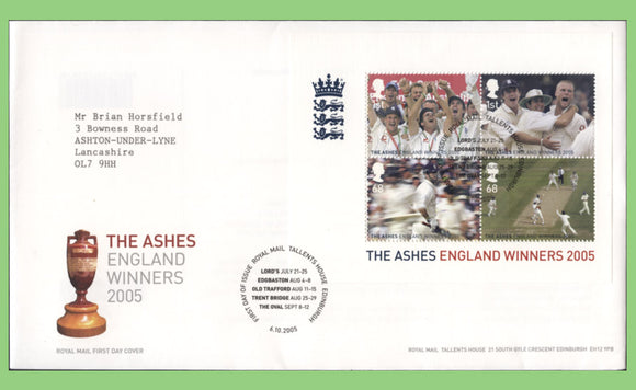 G.B. 2005 Ashes Cricket miniature sheet on Royal Mail First Day Cover, Tallents House
