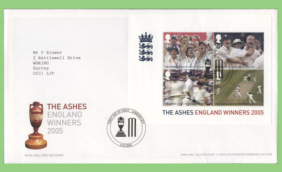 G.B. 2005 Ashes Cricket miniature sheet on Royal Mail First Day Cover, London SE11