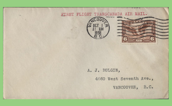Canada 1938 Transcanada First Flight, Vancouver to Winnipeg cover